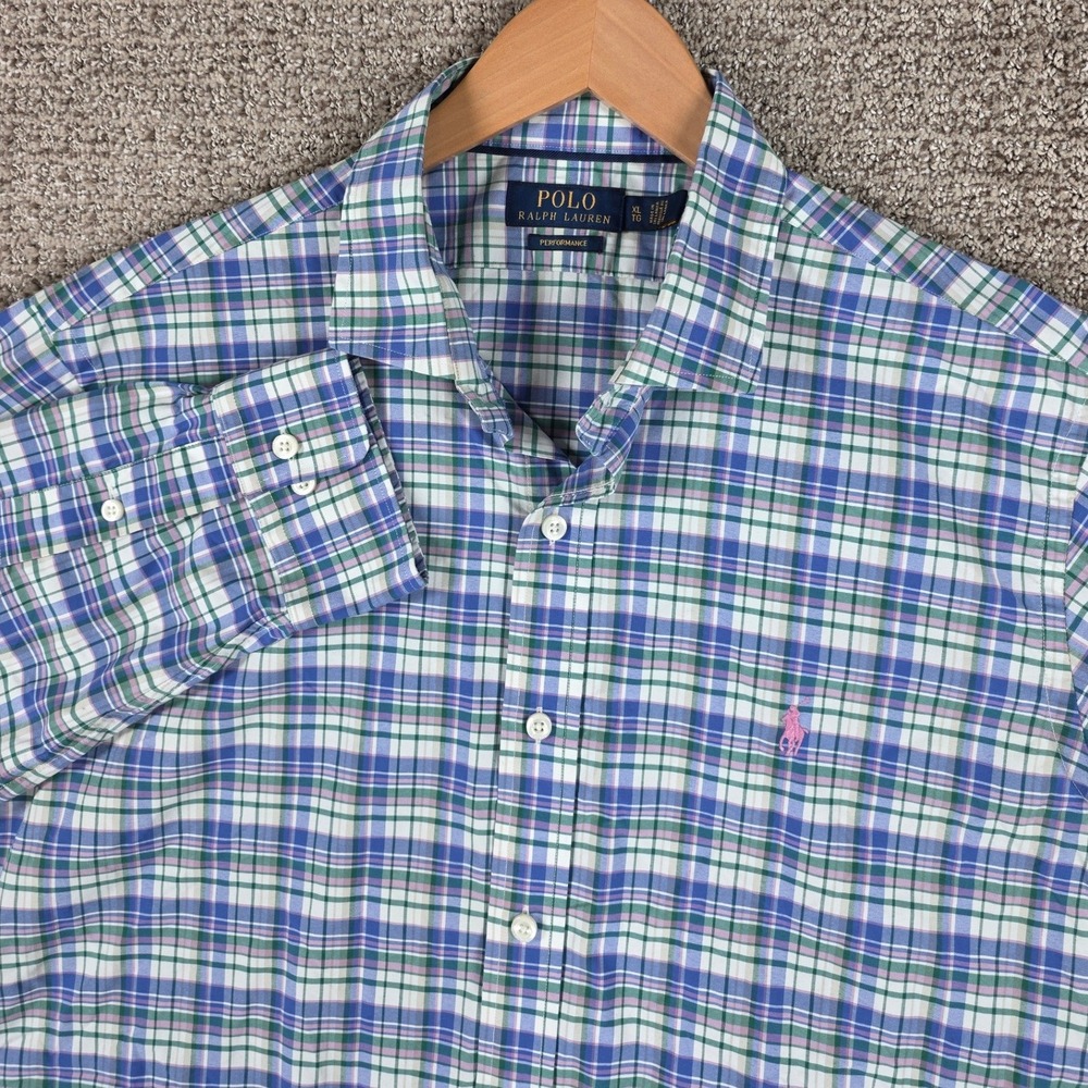 Polo‎ Ralph Lauren Performance Shirt Mens XL Blue Green Plaid Long Sleeve Button
